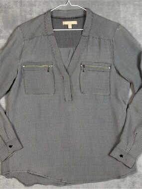 Banana Republic Womens Small Blouse Geometic Print V-Neck Zip Pocket Long Sleeve